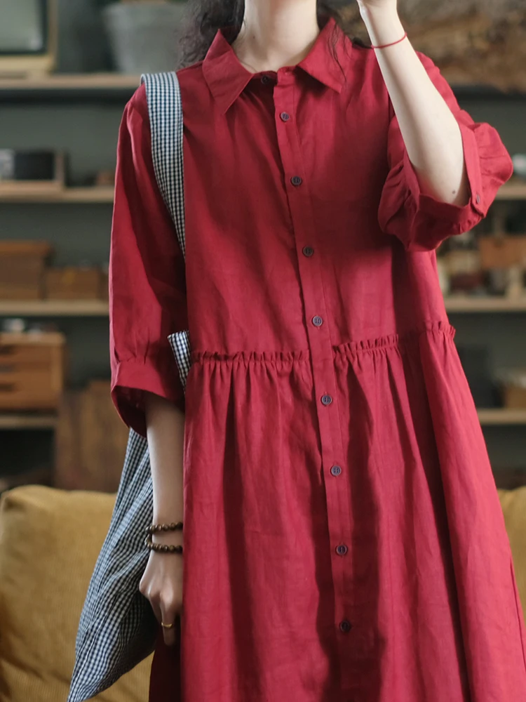 

Женское платье-рубашка свободного покроя, красное удобное платье-рубашка из 100 льна, обхват груди 111-117 см, Длина 123-2023 см, лето 100%