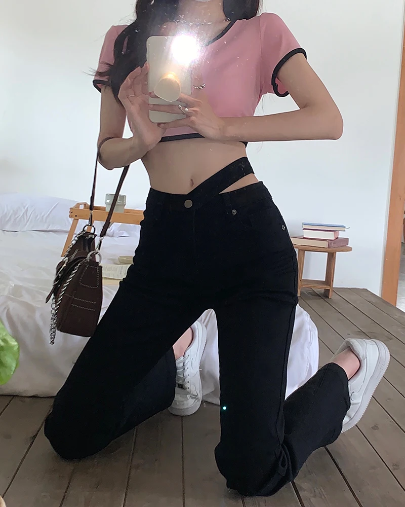 Jeans Women's Black Spring Summer Pants Casual Open Waist High Waist Straight Tube Micro Flare Floor Dragging Pants Fashion