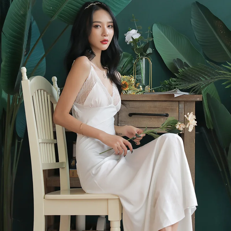 Pajamas Women's Summer Sexy Lace Long Sling Nightdress Solid Color Home Service Women Sleepwear Sleep Dress Satin Slip Dress