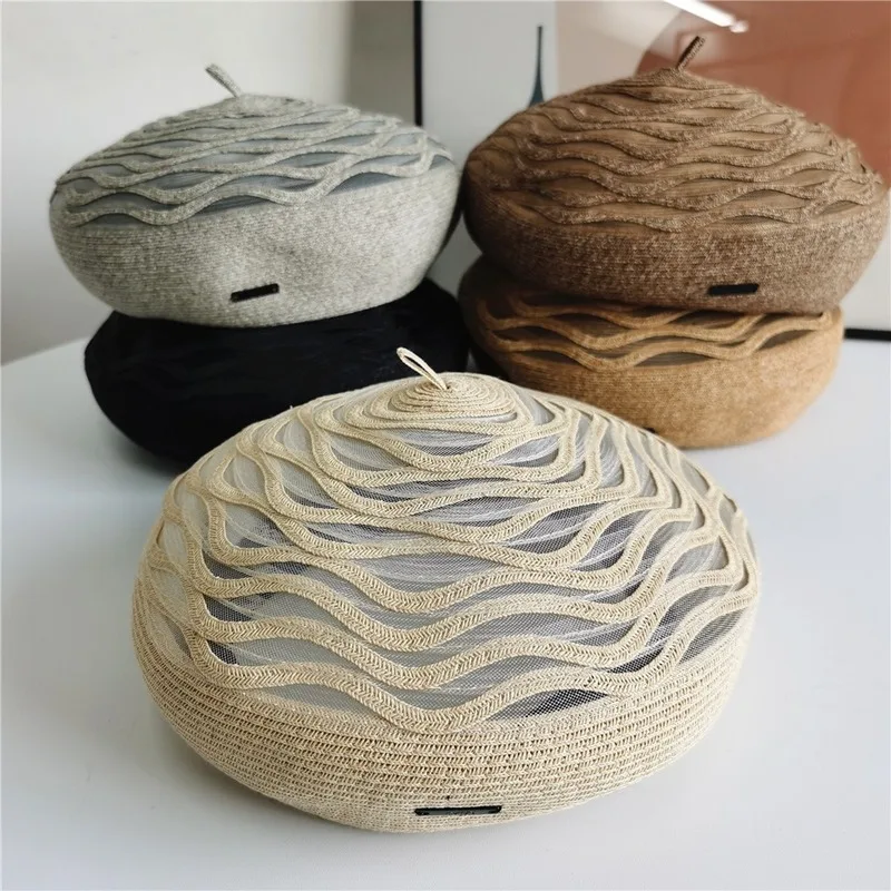 Берет соломенный Женский элегантный дышащий берет от солнца с кружевной сеткой