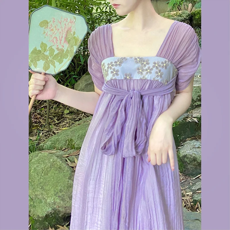 

Purple Improved Hanfu Dress Women's Summer New French Court Square Collar Midi Dress