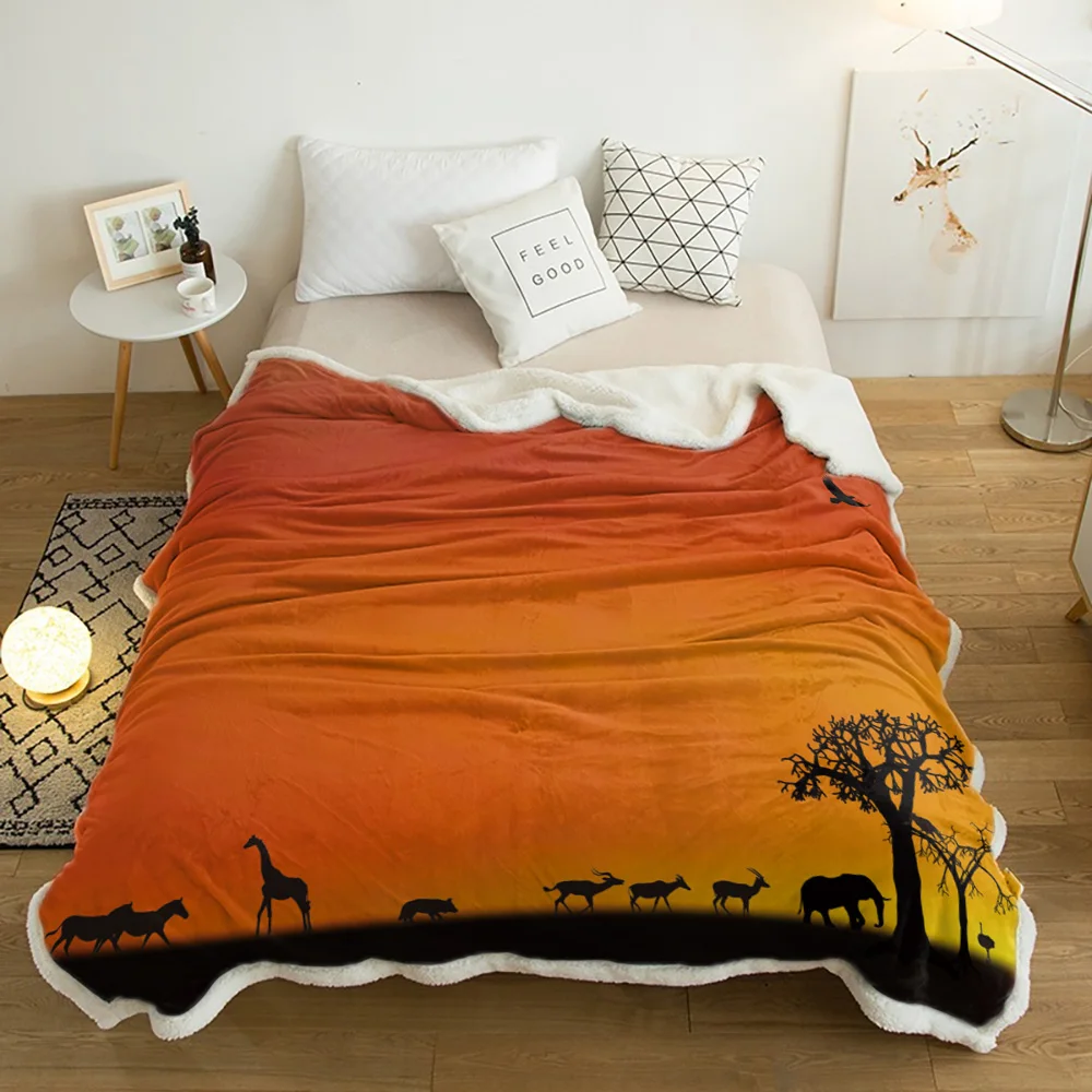 

Twilight Africa Animal Giraffe Elephant Animal Silhouette Cashmere Blanket Thick Winter Bed Lamb Blankets Office Bed Bedspread