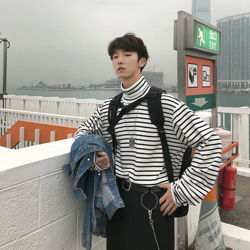 Harajuku Loose Fit Striped Tshirt Men Turtleneck Pocket Oversized T Shirt For Autumn Winter Clothing Camisas Casual Top | Мужская одежда