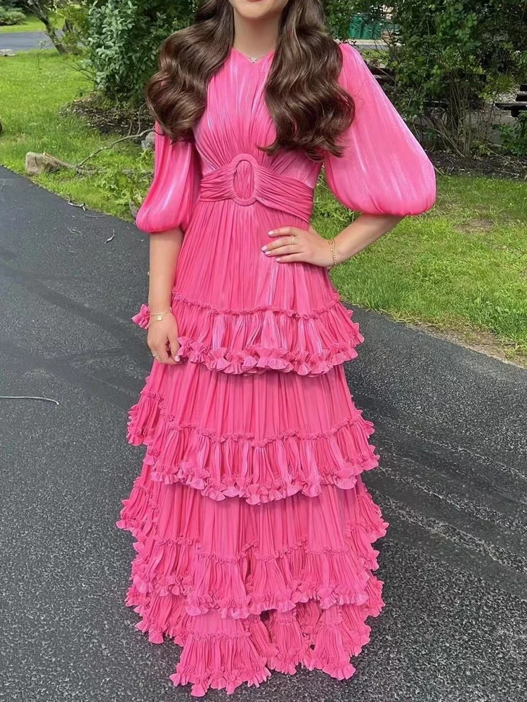 

Женское длинное платье VERDEJULIAY, Элегантное Длинное платье с длинным рукавом-фонариком, v-образным вырезом и высокой талией, вечерние