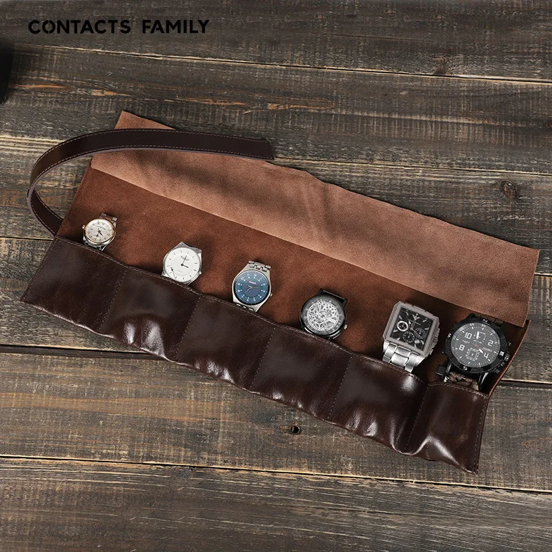 

Leather Watch Box Organizer for Men Travel Storage Bag Luxury Retro Oil Wax Skin Roll Up Package Case for Watch Portable Display