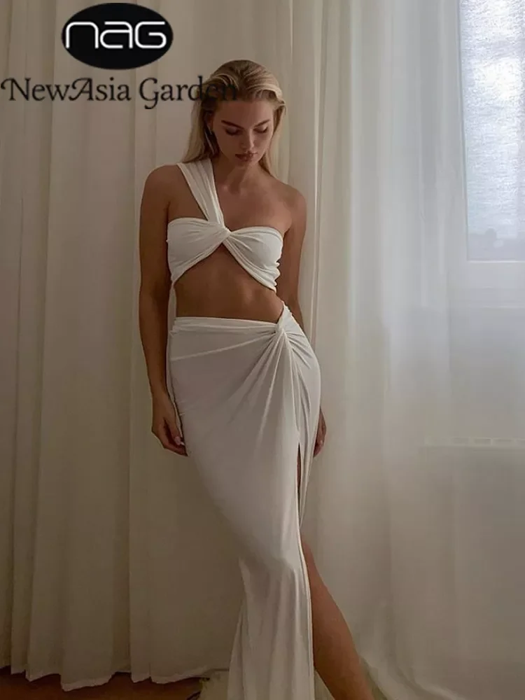 

NewAsia Sexy Crop Top Side Split Long Skirts Two Piece Set Women Twist One Shoulder 2 Piece Sets Summer White Party Clothes 2020