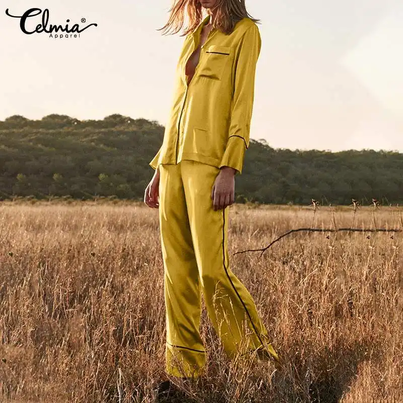 

Celmia Women Satin Sleepwear 2 pcs Pajama Sets Autumn Lapel Long Sleeves Top and Long Pant Contrast Colored Pocket Loungewear