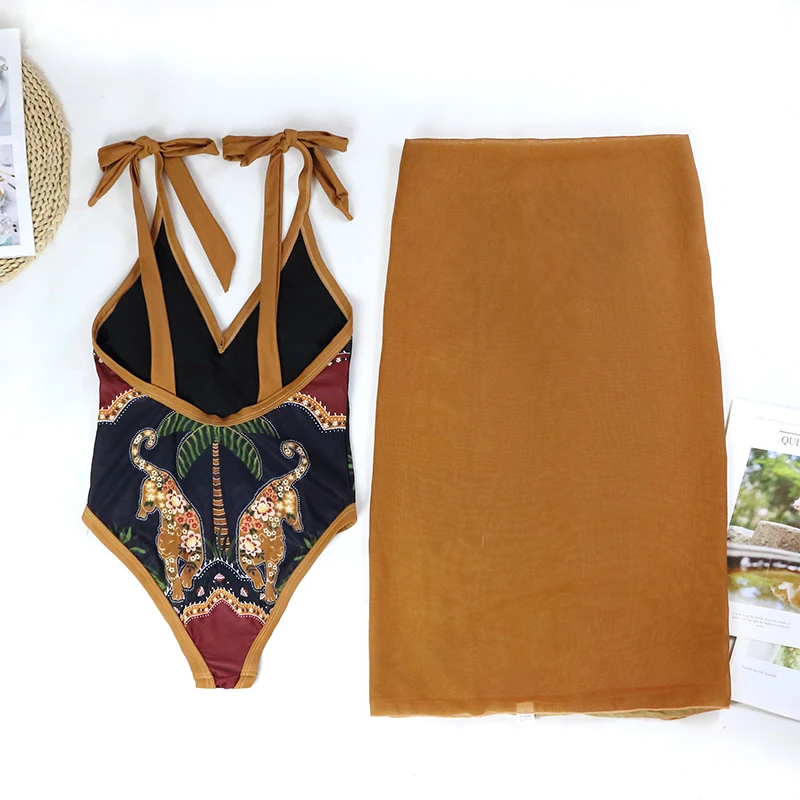 MUOLUX 2023 New Swimsuit Vintage One-Piece Print Swim Skirt Women Cover Up Swimwear Summer Beachwear Monokini Bathing Suit Dress