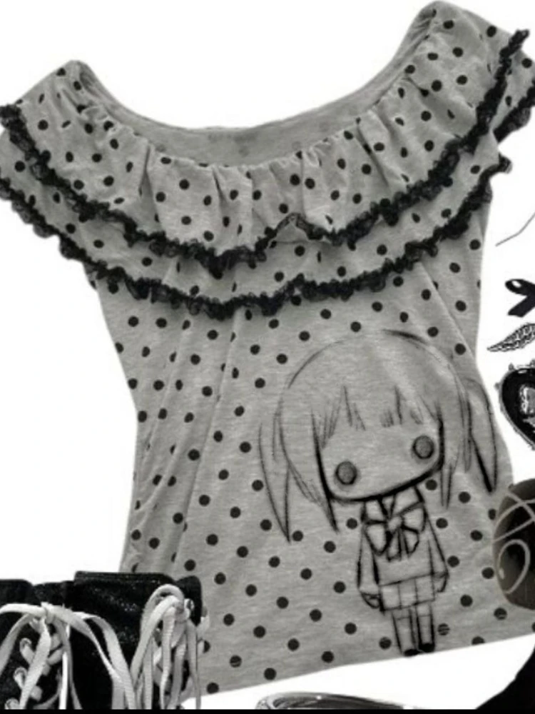 Фото Deeptown Y2k Kawaii серый аниме Juminocore женская футболка Harajuku с оборками в горошек без рукавов в японском стиле футболки в стиле Лолиты тонкие №1