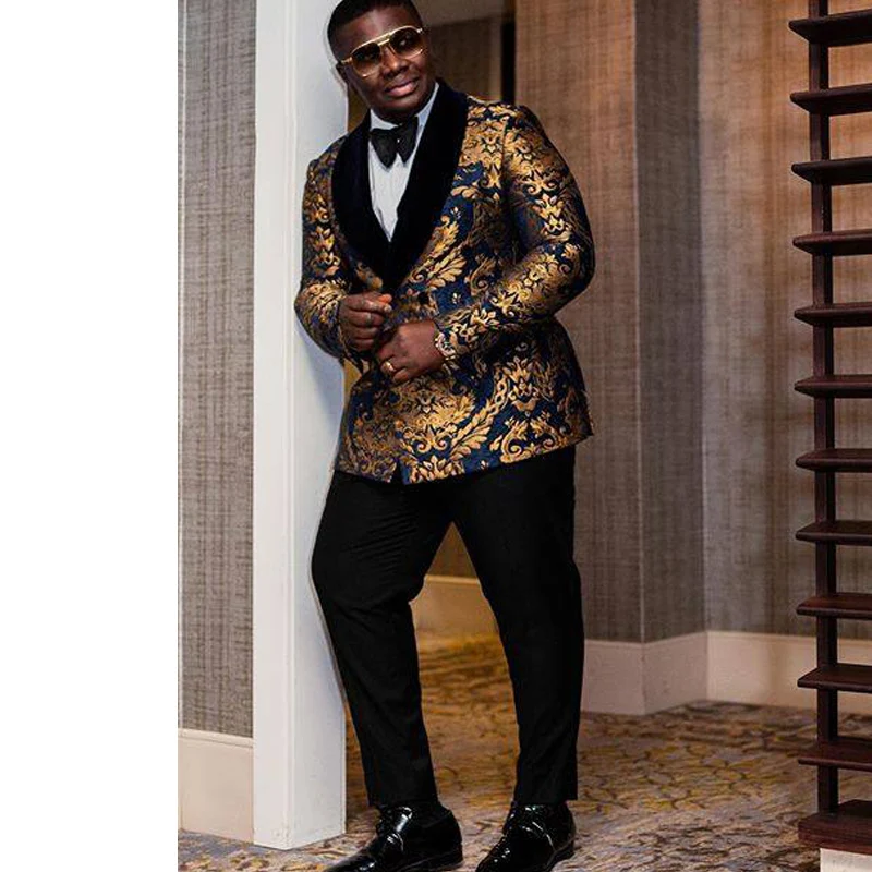 

Blue Floral Jacquard Men Suits with Double Breasted 2 piece Slim fit Groom Tuxedo Man Fashion Clothes Prom African Suit 2023