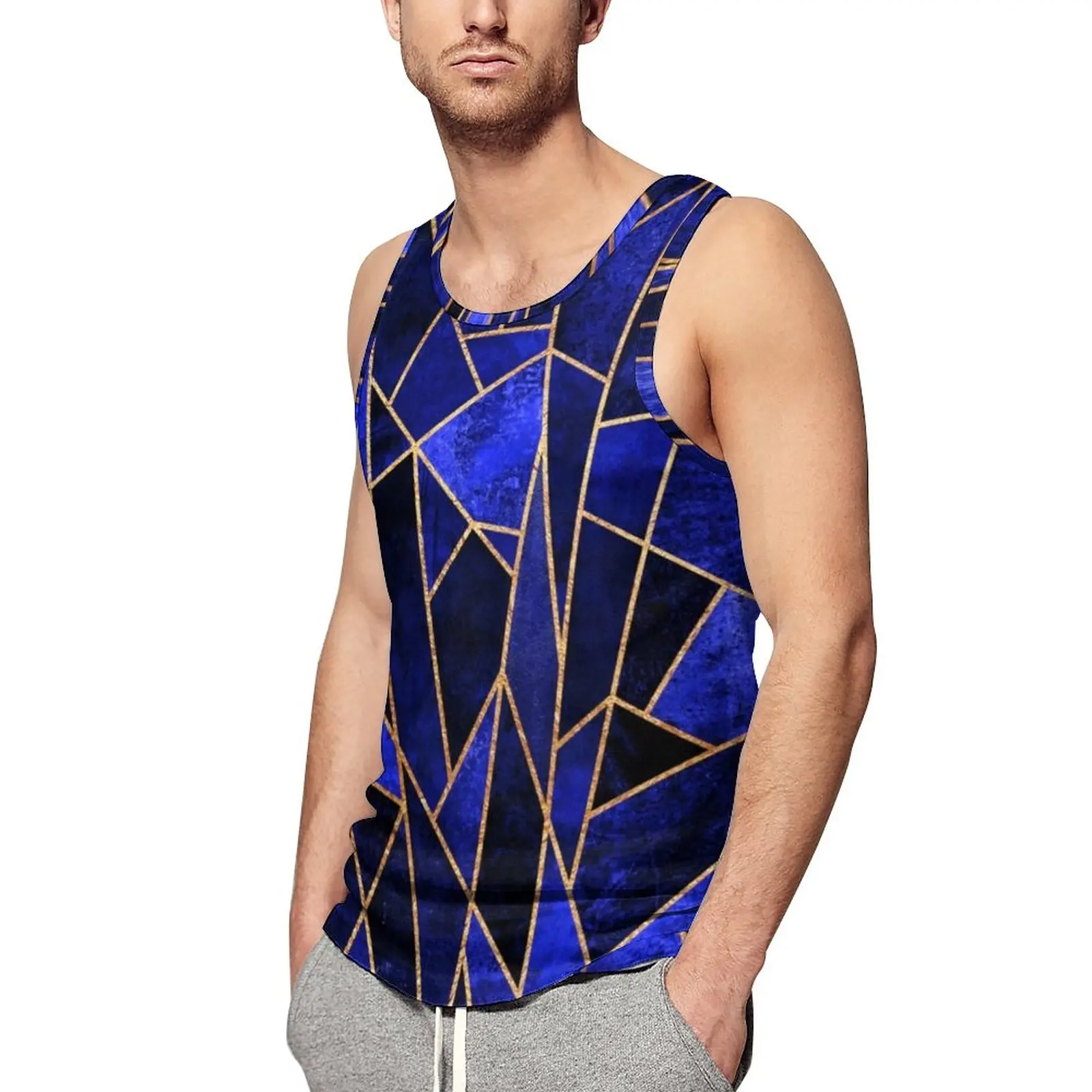 

Blue Geometry Summer Tank Top Gold Line Print Gym Tops Male Design Cool Sleeveless Vests Plus Size 4XL 5XL
