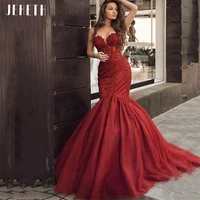 jeheth elegant lace burgundy mermaid evening dresses long seweetheart appliques beaded tulle formal prom party gown lace up back