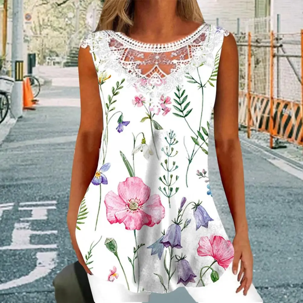 

Soft Elastic Women T-shirt Flower Print Lace Splicing Women's Sleeveless Blouse Loose Fit Breathable Summer for Ladies