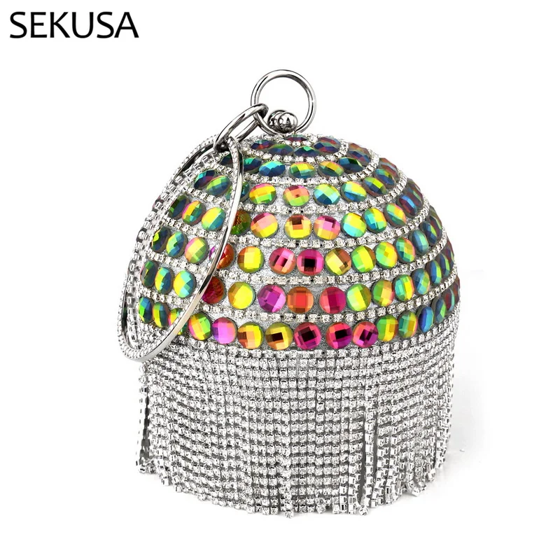 

Candy Color Women Fashion Clutch Circular Party Female Evening Bags Acrylic Tassel Diamonds Handbags With Chain