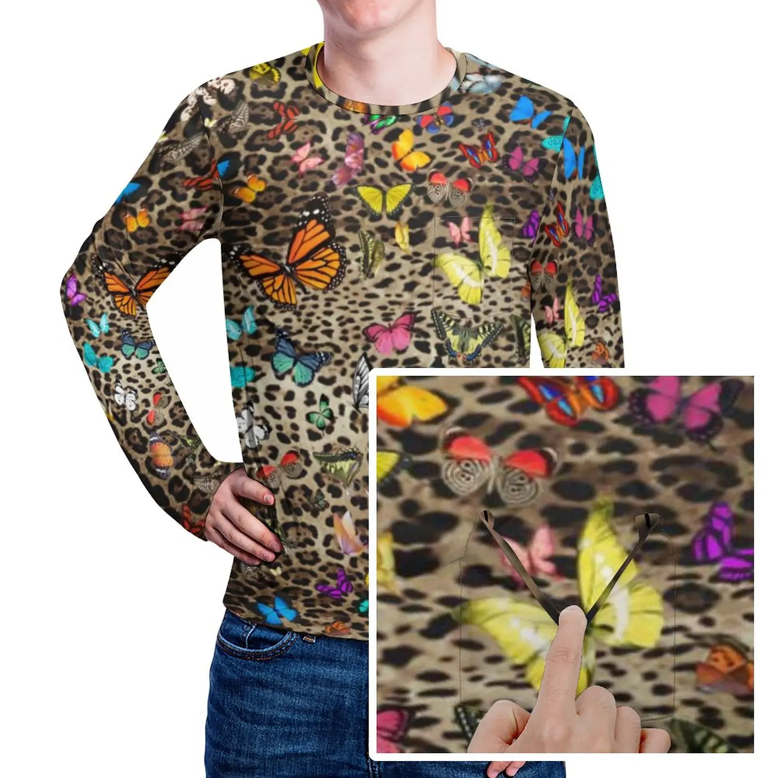 

Футболка в стиле Харадзюку с леопардовым принтом бабочек и длинными рукавами