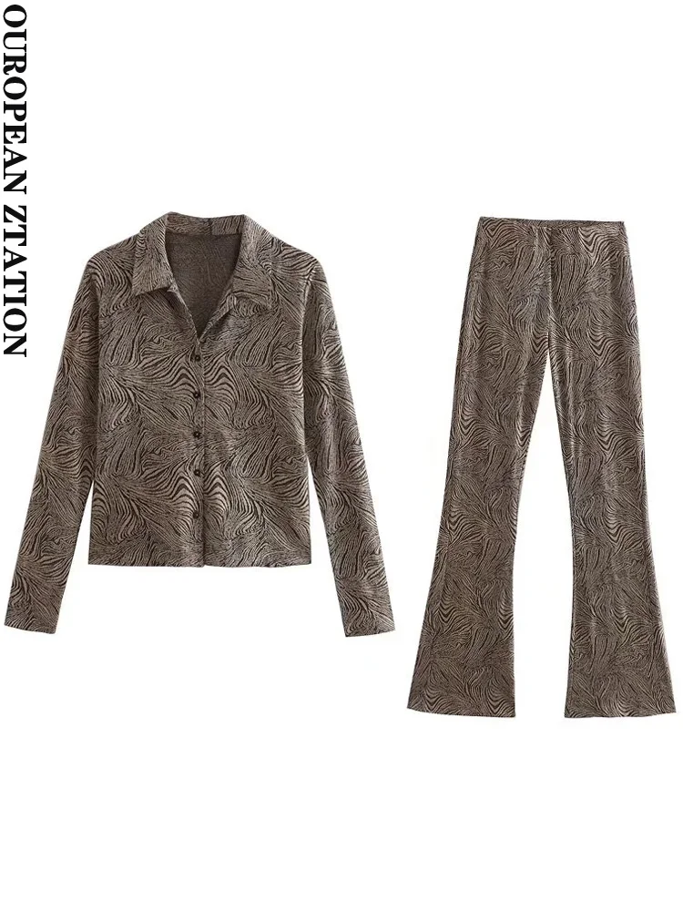 

PAILETE women 2022 fashion front button-up jacquard blouses or high elastic waist flare jacquard trousers two-piece set