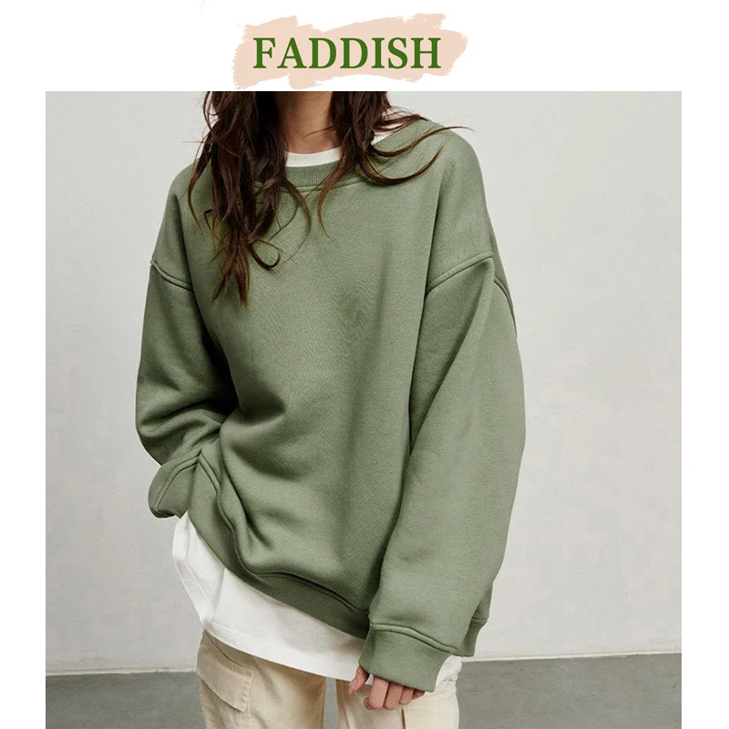

FADDISH 2023 осень-зима женские модные Свободные флисовые свитшоты с круглым вырезом и Толстовка Женский однотонный Повседневный Топ пуловер