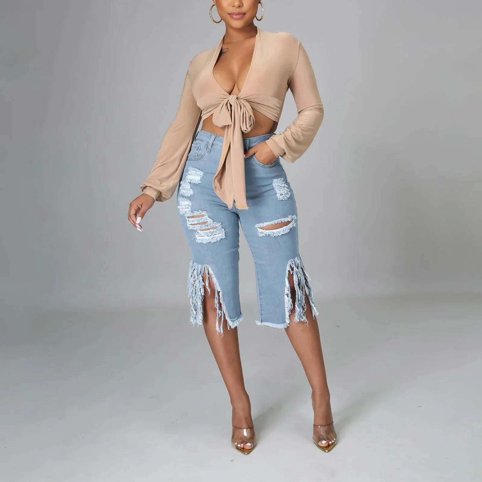

Women Denim Shorts Fashion High Waist Stretch Ripped Hole Tassel Casual Summer Street Trend Sexy Distressed Jeans Short Pants
