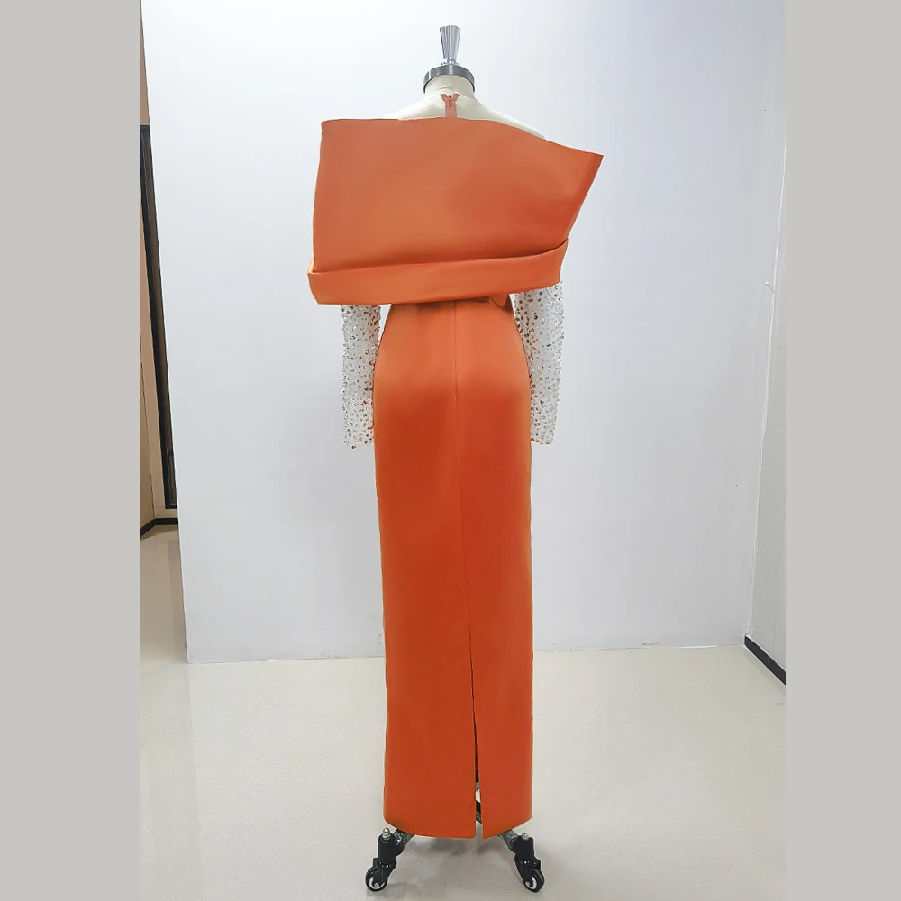 Ярко-оранжевое вечернее платье с длинными рукавами и бусинами новое женское