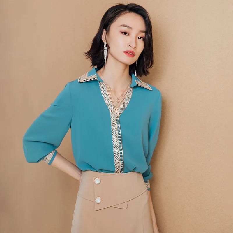 

Women Elegant Blue Shirts Spliced V Neck Clothes Korea Spring Autumn Vintage Streetwear 2021 Casual Shirts Homewear Offcie Work