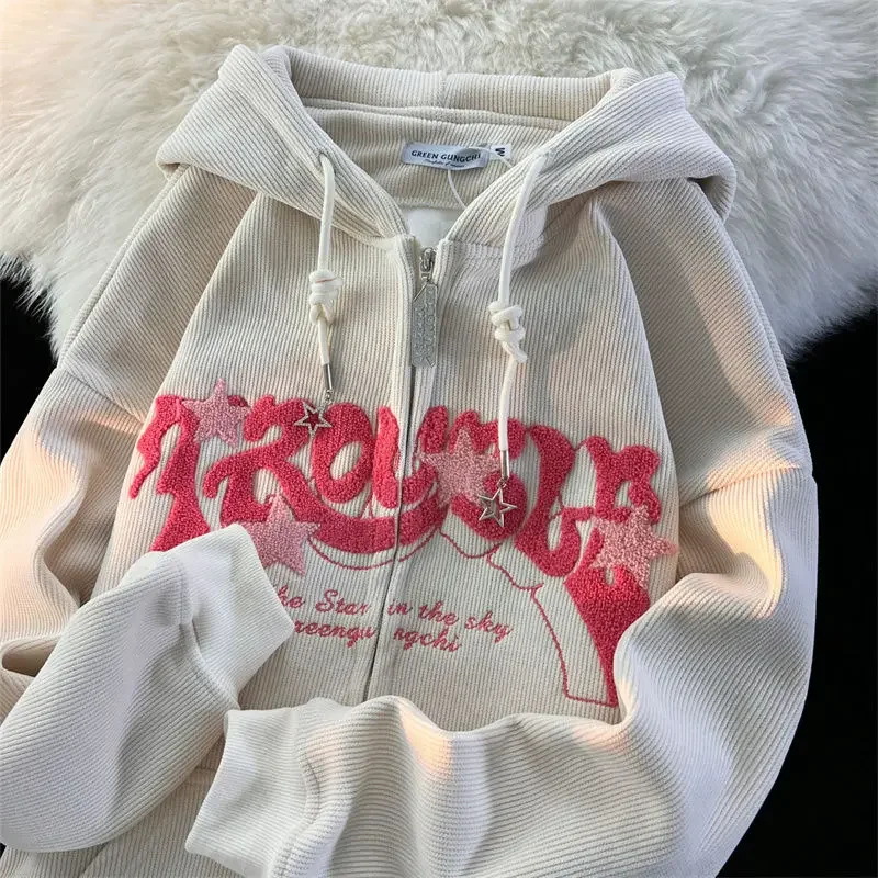 

Women Letter Embroidered Hoodies Autumn Winter Long Sleeve Loose Hooded Sweatshirts Harajuku Pocket Oversize Zipper Jacket Coats