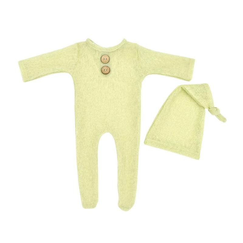 

2 Pcs/Set Newborn Photography Props Baby Boy Girl Romper Hat Set Knitted Jumpsuit Long Tail Head Wrap Turban Beanie
