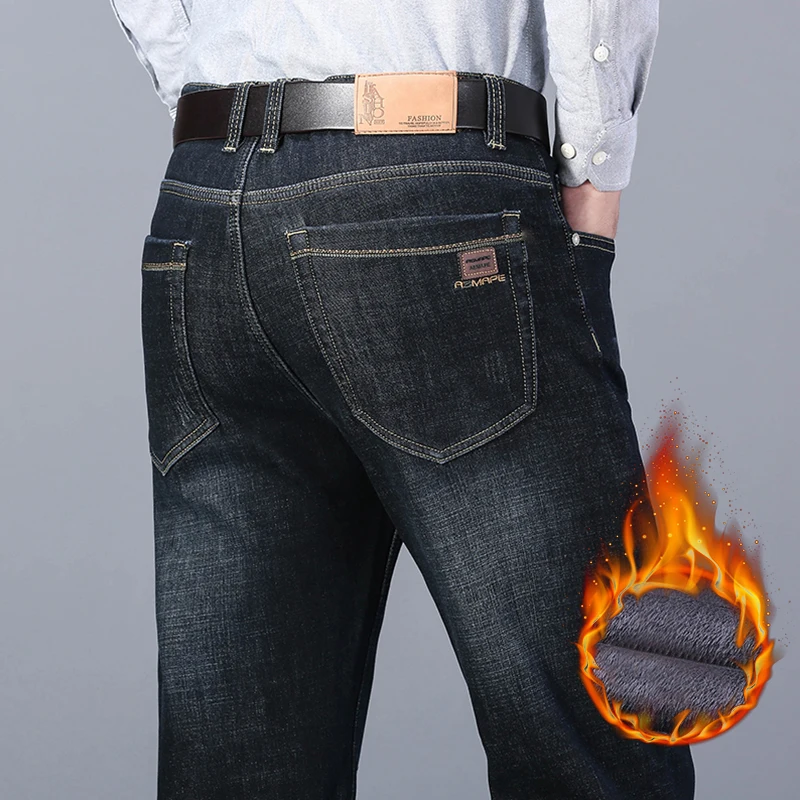 

Winter New Business Jeans Men's Thick Fleece Fashion Office Elastic Comfortable Velvet Warm Male Clothing Denim Trousers