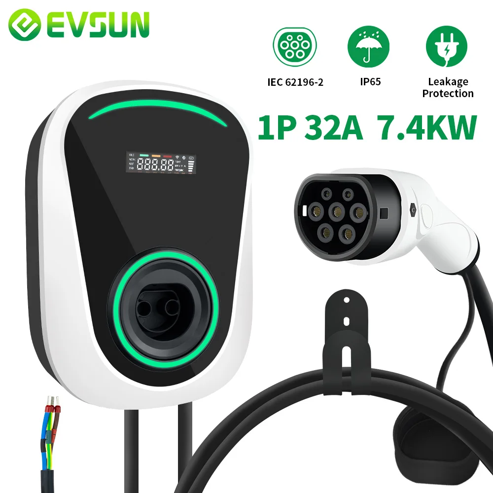 

EVSUN EV зарядное устройство 32A EVSE Wallbox зарядная станция для электромобиля 220 В Тип 2 разъем 1 фаза 62196 кВт IEC-2 6 м кабель