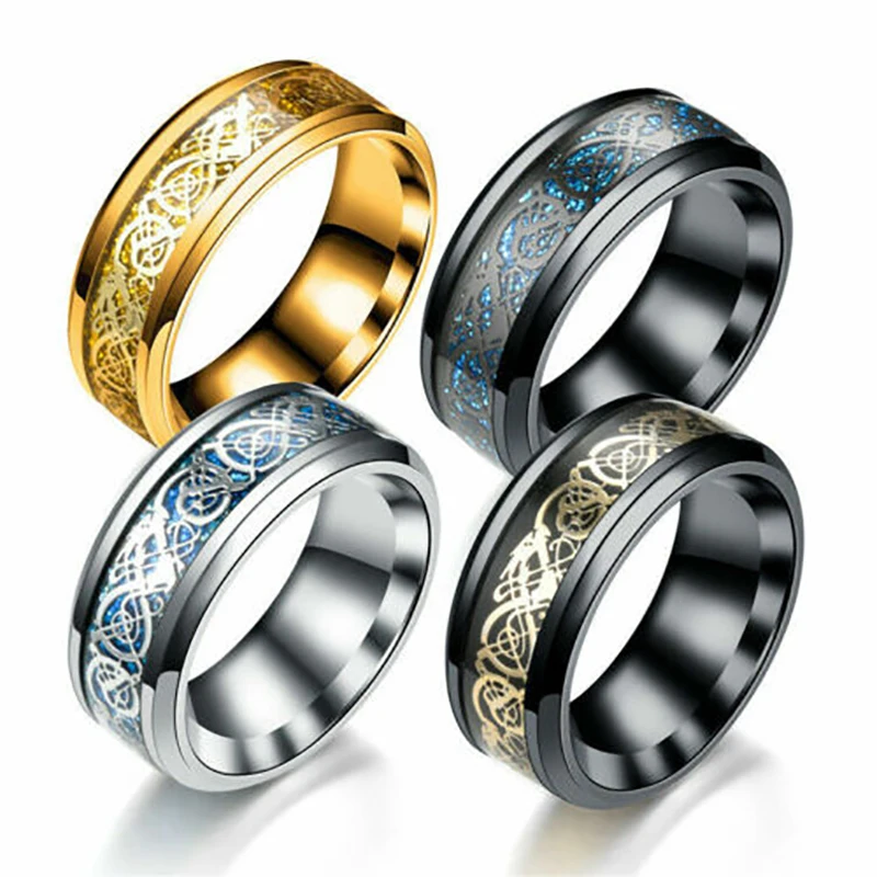 

Stainless Steel Titanium Ring Dragon Pattern Rings Inlay Red Blue Black Engagement Wedding Band Rings Jewelry for Men Women