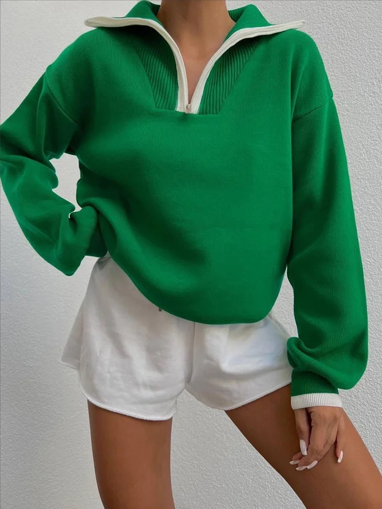 

Zipper Polo Collat Long Sleeve Knit Pullovers Fashion Casual Women Autumn Winter Sweaters Office Lady Warm Knitwear Tops Green