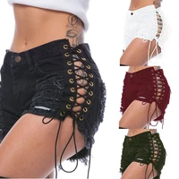 summer tassel denim party rave shorts women sexy club skinny lace up mid waist hole rivet button fly black short jeans