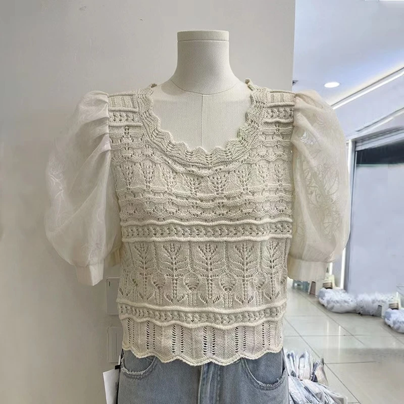

Retro Hollow out Hook Flower Crop Tops Bubble Sleeve Women Knitted Shirt 2023 New Fashion Embroidery Lace Blouse