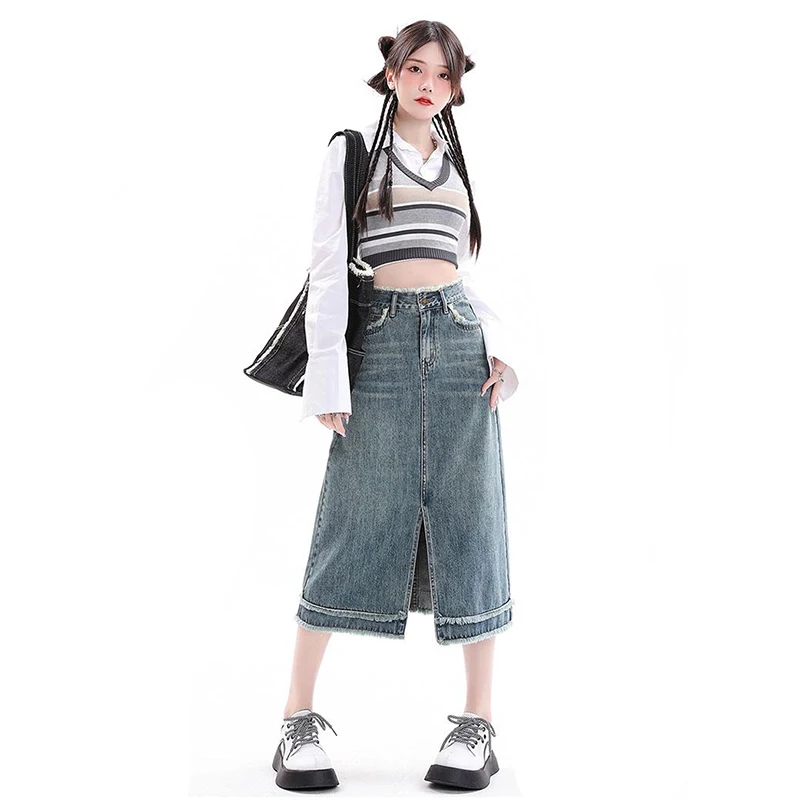 Real time shoot of denim skirt for women in summer retro blue commuting versatile fashion high waistband buttocks a short skirt