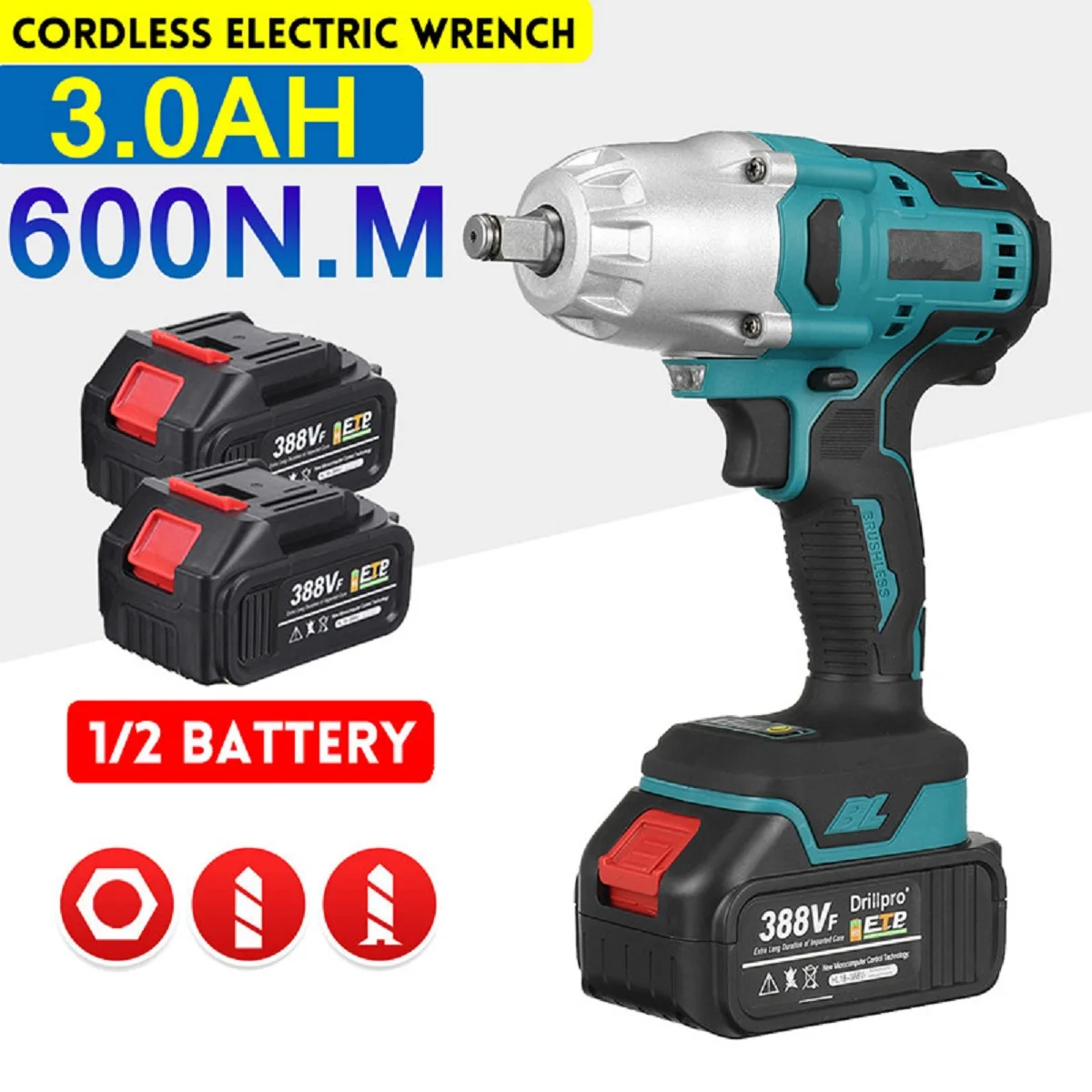 

High Torque 600N.m Cordless Brushless Electric Impact Wrench 1/2'' Rechargeable Li-ion Battery For Car Tires Power Tools