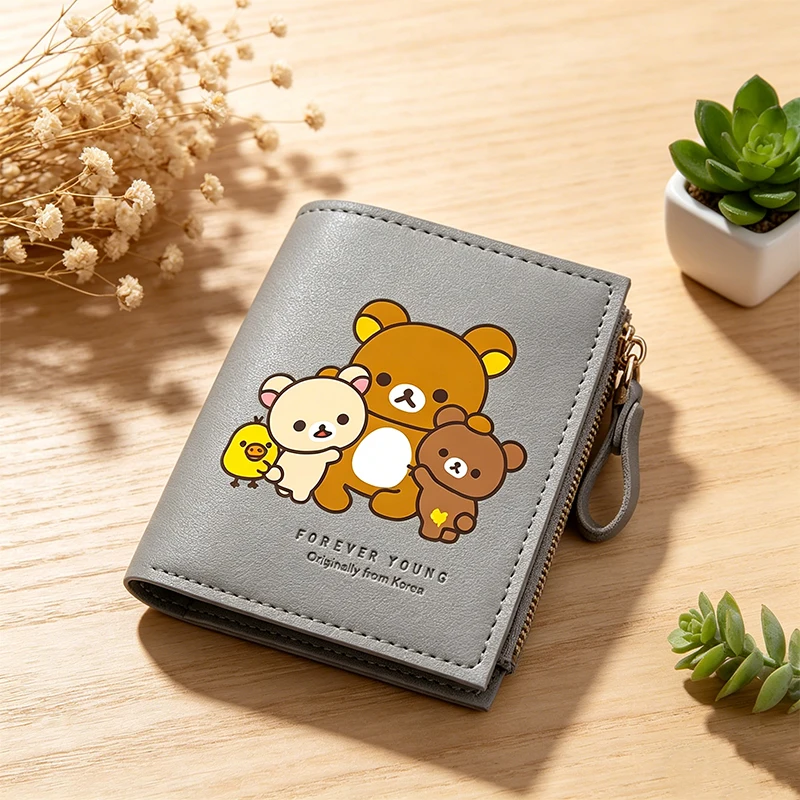 Фото Компактный кошелек для монет Rilakkuma с мультяшным принтом, портативный многофункциональный держатель для карт Kawaii, мультяшный зажим для денег большой вместимости №1