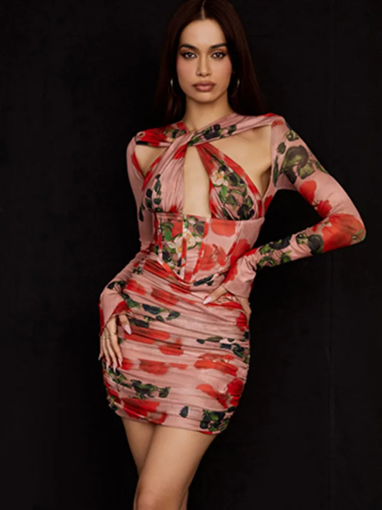 

2022 New Spring Style Women Flower Print Long Sleeve Sexy Halter Bodycon Mini Dress Night Club Party Fashion Dress