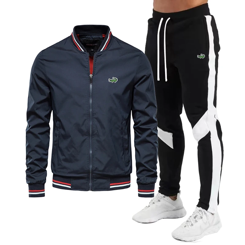 High Quality Jacket Suit New Spring Autumn Men's  Casual Suit Splicing Trousers Bomber Stand Collar Windbreaker Coat Sets