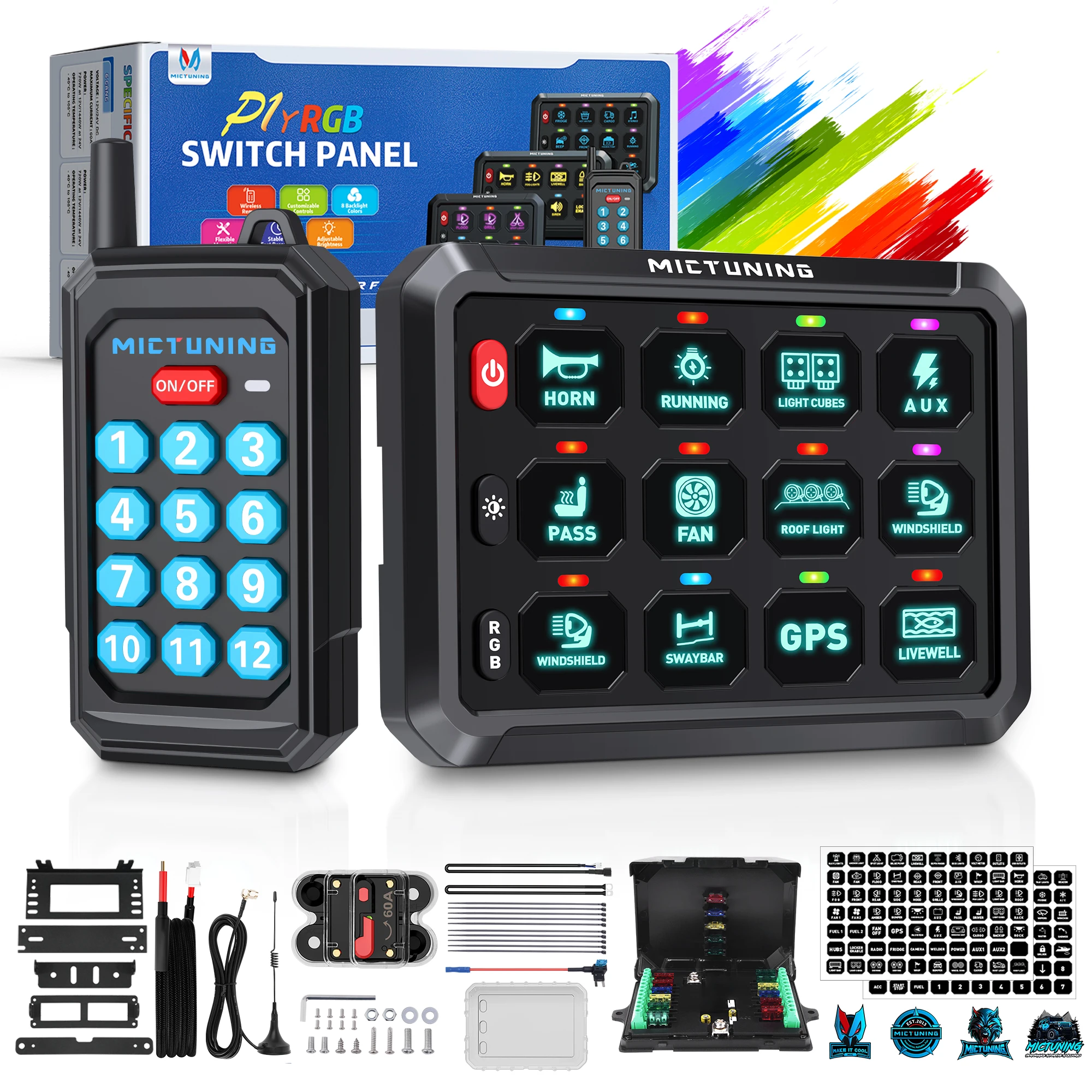 

Mictuning 8-групповая панель переключателей P1Y RGB с беспроводным пультом дистанционного управления, диапазон до 230 футов, автомобильный переключатель для автомобиля