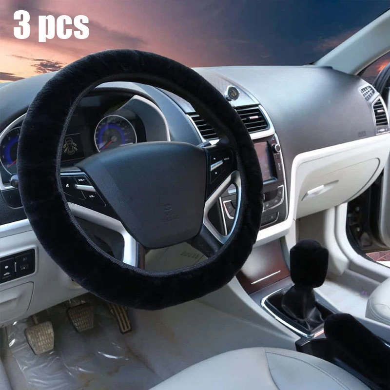 

3 шт., автомобильный плюшевый чехол на руль, чехол для рычага переключения передач, ручной тормоз, защитное украшение, теплый супер толстый плюшевый воротник, мягкий мех, зима