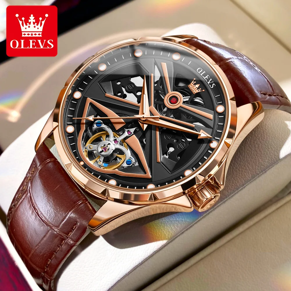 OLEVS Men Watch Automatic Mechanical Watches Top Brand Luxury Leather SkeletonTourbillon Wristwatch Luminous Hands Reloj Hombres