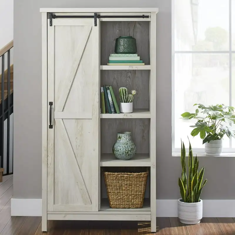 

Gardens 66" Farmhouse Bookcase Storage Cabinet, Rustic White