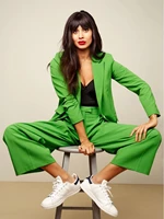 womens suit single breasted green spring colorful casual blazer jacket wide leg pants fashion free style daily life dressing