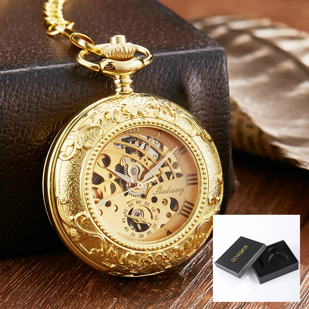Luxury Gold Mechanical Pocket Watch Exquisite Dial Retro Engraving Double Cover Hollow Hand Wind Clock Men Gifts Pendant Chains