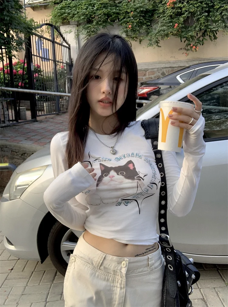 

Gothic Print T Shirt Women Long Sleeve Cat Y2k Vintage Crop Tops Streetwear American Retro Tshirt Female Grunge Tops