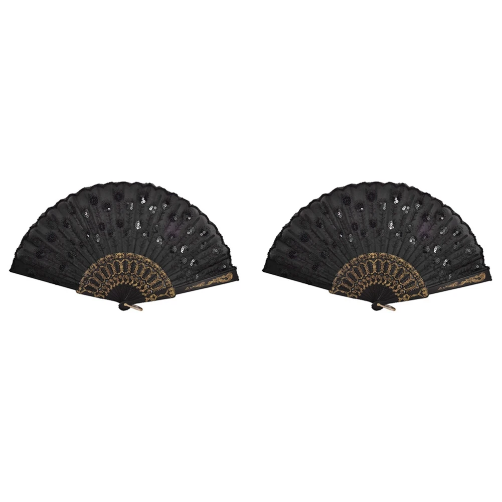 

2X Black Plastic Frame Embroidery Floral Detail Folding Hand Fan