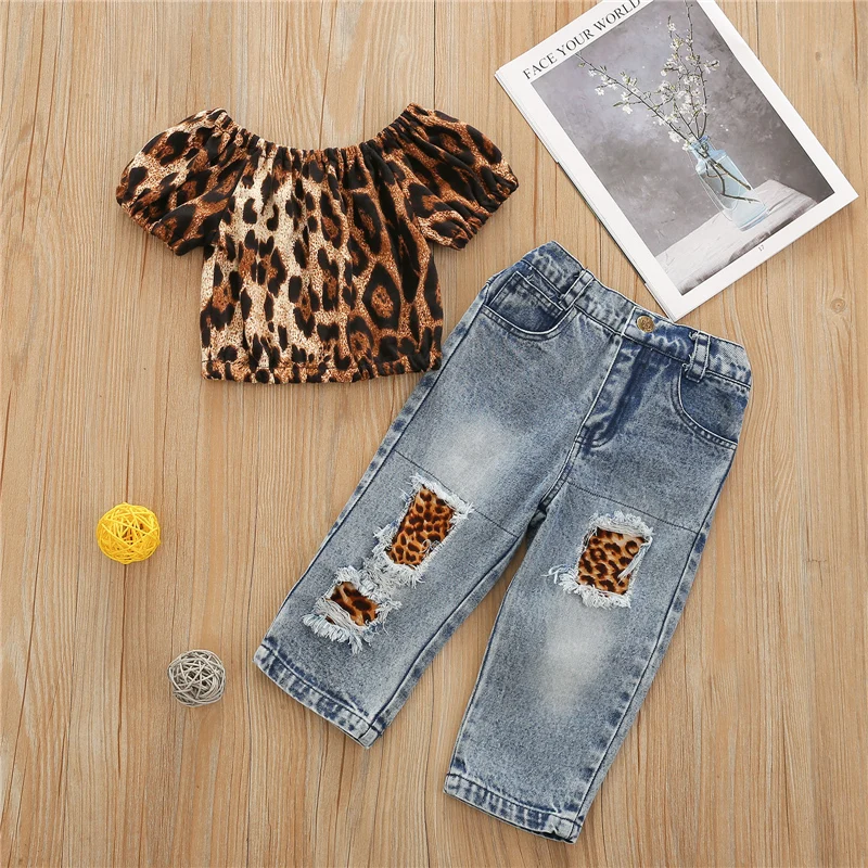 

2 Pcs Fashion Girls Summer Clothes Leopard Print Round Neck Short Sleeve Tops Ripped Jeans for Girl 18 Months-6 Years