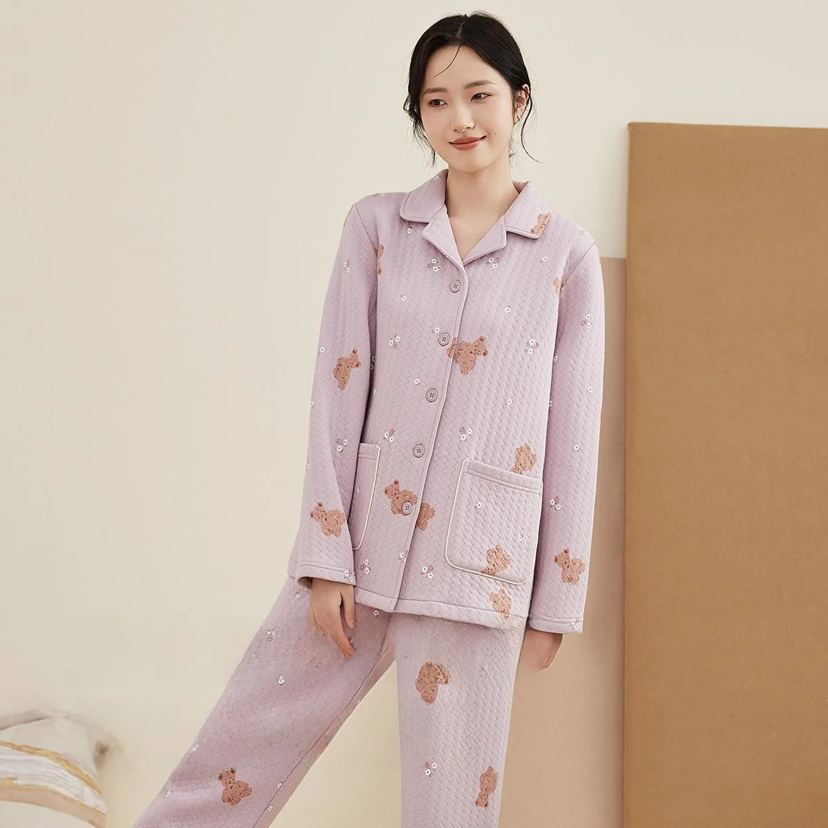 Top Melon Pajamas Winter Women's Three-Layer Thickened Quilted Bear Print Can Be Worn outside Homewear Set