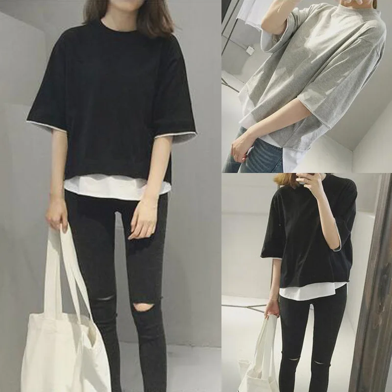 

Новинка лета 2022, свободная простроченная футболка из двух частей с коротким рукавом в Корейском стиле, Женский Топ, женская одежда