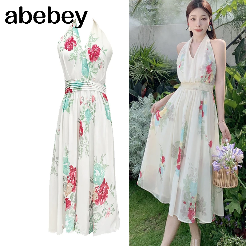 

Women Lady Summer Fashion Floral Sexy Halter Neckline Chiffon Dress Casual Chic Streetwear France Design Elbise Dresses