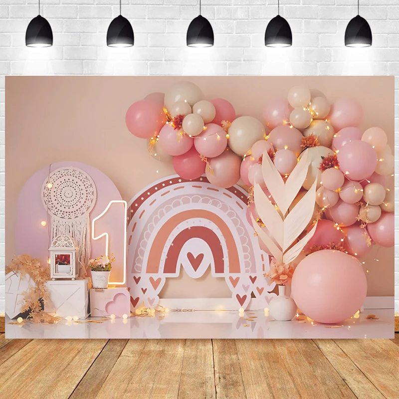 

Boho Birthday Backdrop Bohemian Style Baby Shower Rainbow Balloon Baby Girl 1st Party Smash Cake Decorations Photo Background